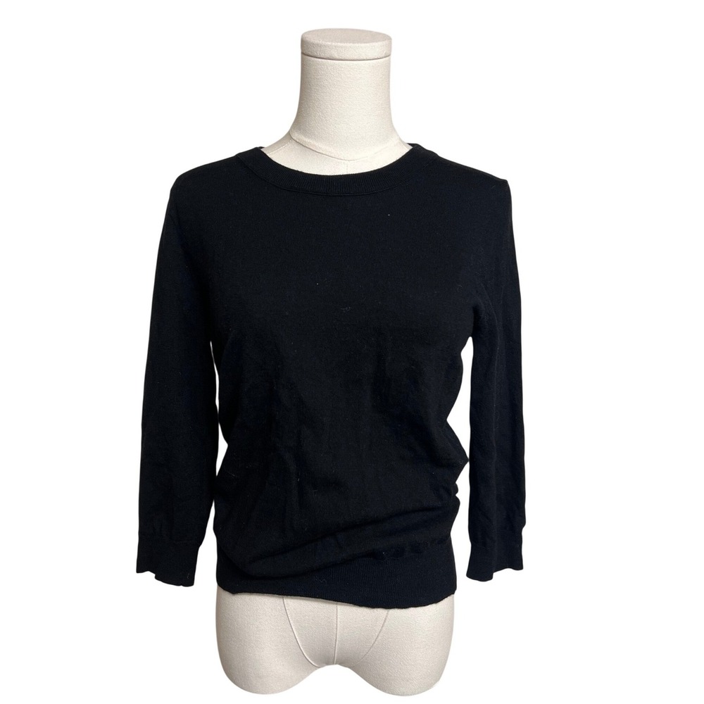 J Crew Merino Wool Black Crew Neck 3/4 Sleeve Sweater M Old Money Lightweight